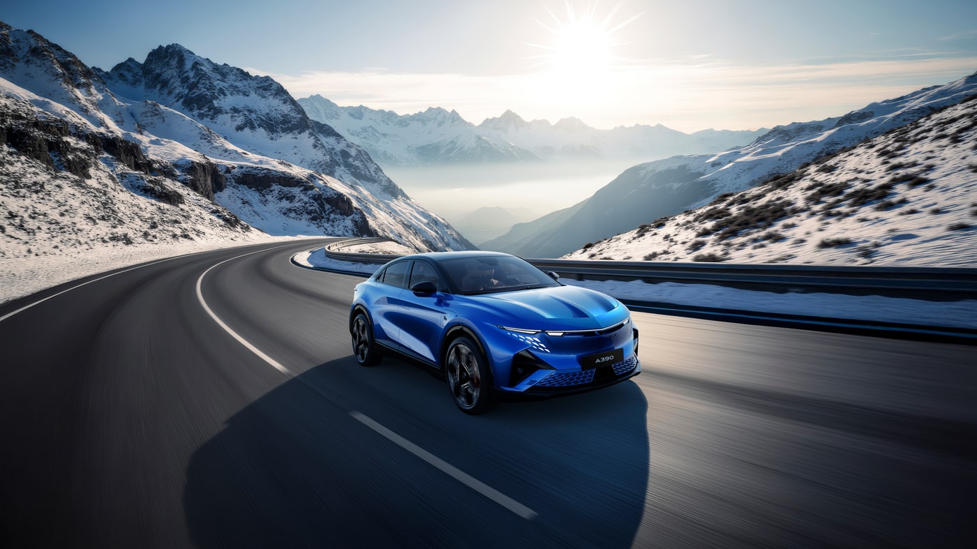 Blue Alpine A390 GTS on a mountain road in official Alpine publicity imagery