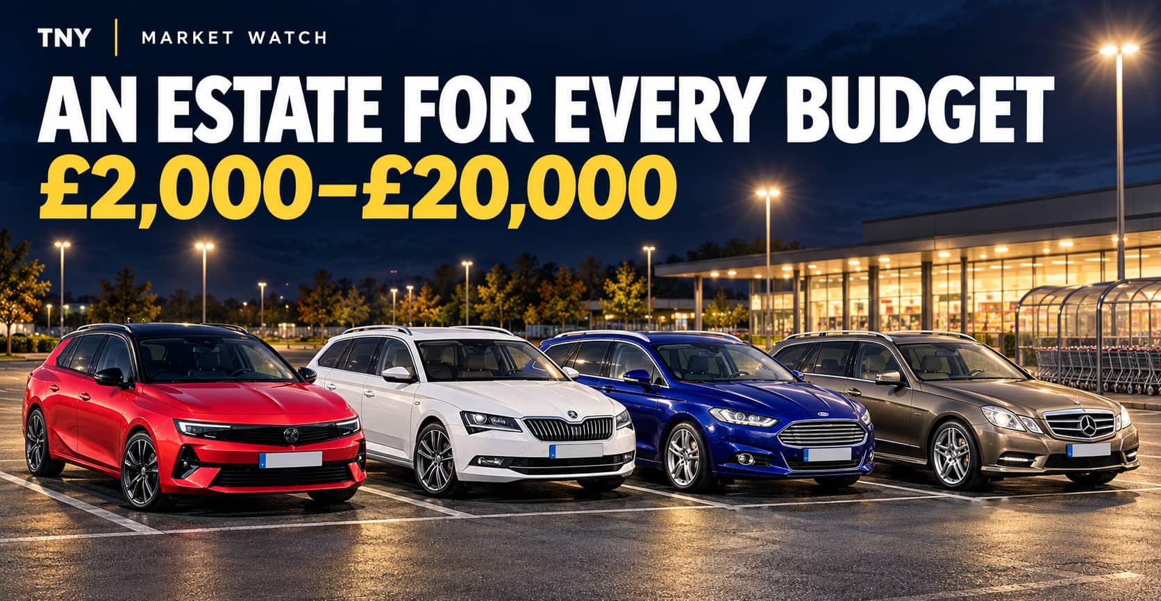 TNY Market Watch – Ford Mondeo, Mercedes-Benz E-Class, Škoda Superb and Vauxhall Astra estate cars in a supermarket car park at night.