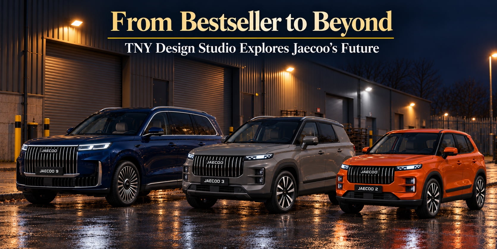 TNY Design Studio renderings of the Jaecoo 2, Jaecoo 3 and Jaecoo 9, parked in a British industrial setting at night.