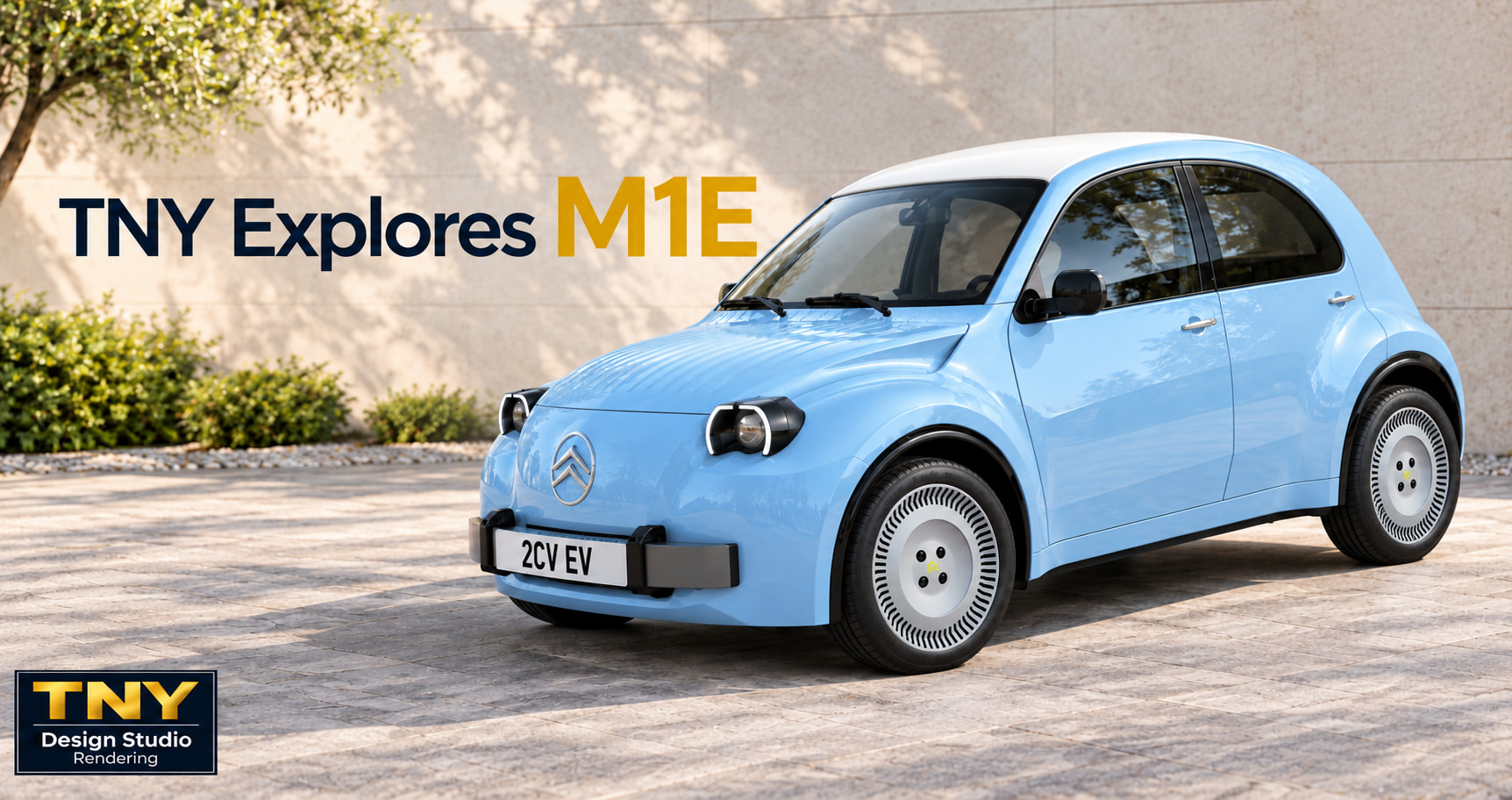 Pale-blue Citroën 2CV electric car rendering for TNY's exploration of Europe's proposed M1E small-car regulations.